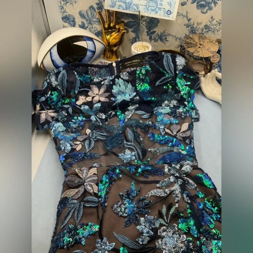 🆕 BRONX & BANCO🧿 NWOT Zinnia Side-Split Sequin Embroidered Gown, Navy Sz S US4 - Picture 11 of 13